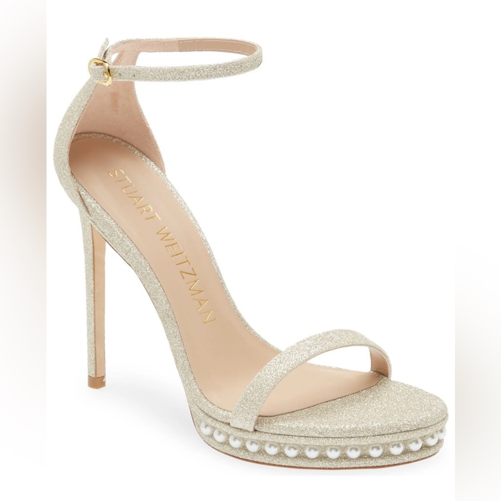 NEW Stuart Weitzman Nudistdisco Pearl‎ Sandal Platform Stiletto Heel Platino 9.5